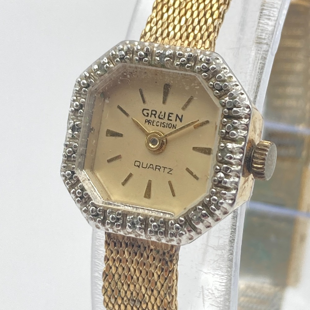 Vintage Gruen Diamond Women's Watch 17mm Gold Tone Octagon Dial New Battery